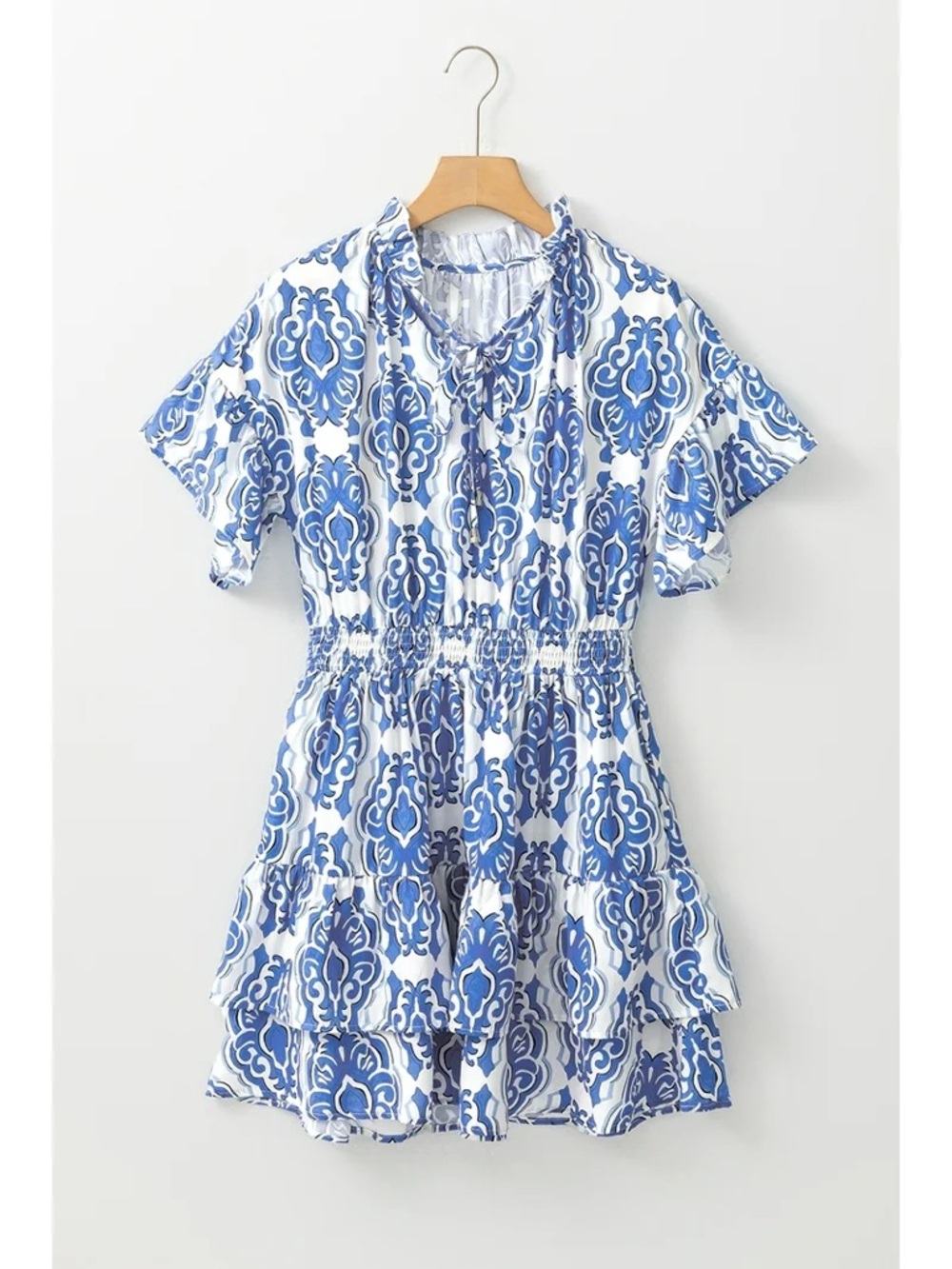 Blue and White Printed Mini Dress - Smocked Waist